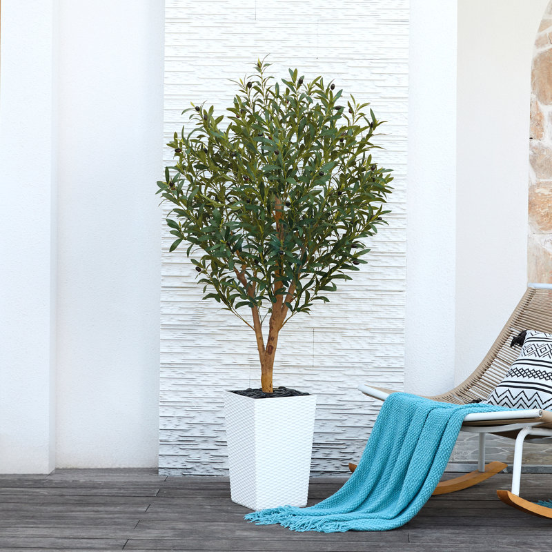 Adcock Artificial Olive Tree with Decorative Pot, UV Resistant Faux Olive Tree with Natural Trunk, White