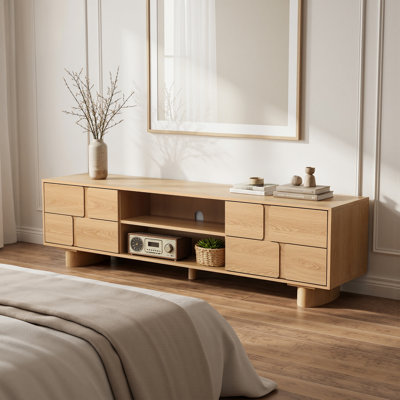 63" Modern TV Stand with Geometric Doors and Open Shelves, Oak Finish