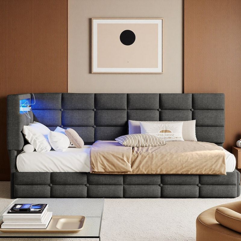 Customizable RGB LED Lighting Upholstered Daybed with Storage 2 Drawers and Charging Station, Dark Gray