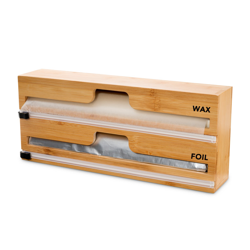 Distributeur d'enveloppes en bambou pour tiroir de cuisine avec coupe et étiquettes, emballage en plastique, papier d'aluminium et distributeur de papier ciré, compatible avec rouleau de 12 po