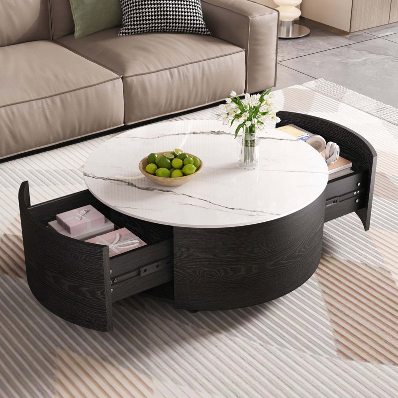 Table basse ronde ronde mobile avec 2 tiroirs et plateau en pierre frittée en marbre - noir, 29,5 po