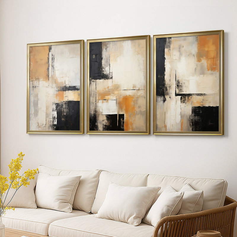 ABSTRACT Series CECLXX - Toile tendue avec châssis sur mesure - 3 pièces, H 15 po x l 19 po, Doré