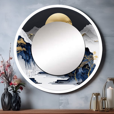 «Horizon» de PASCIA - miroir mural paysage, miroir décoratif rond bleu, impression d'art en métal