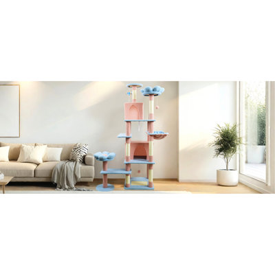 Arbre à chat bleu de 71 pouces avec motif floral, grand coussin amovible et, pour les chats, grimpant à 8 niveaux, arbre à grattage large, aspect floral enchanteur, hauteur horizontale de 72 po
