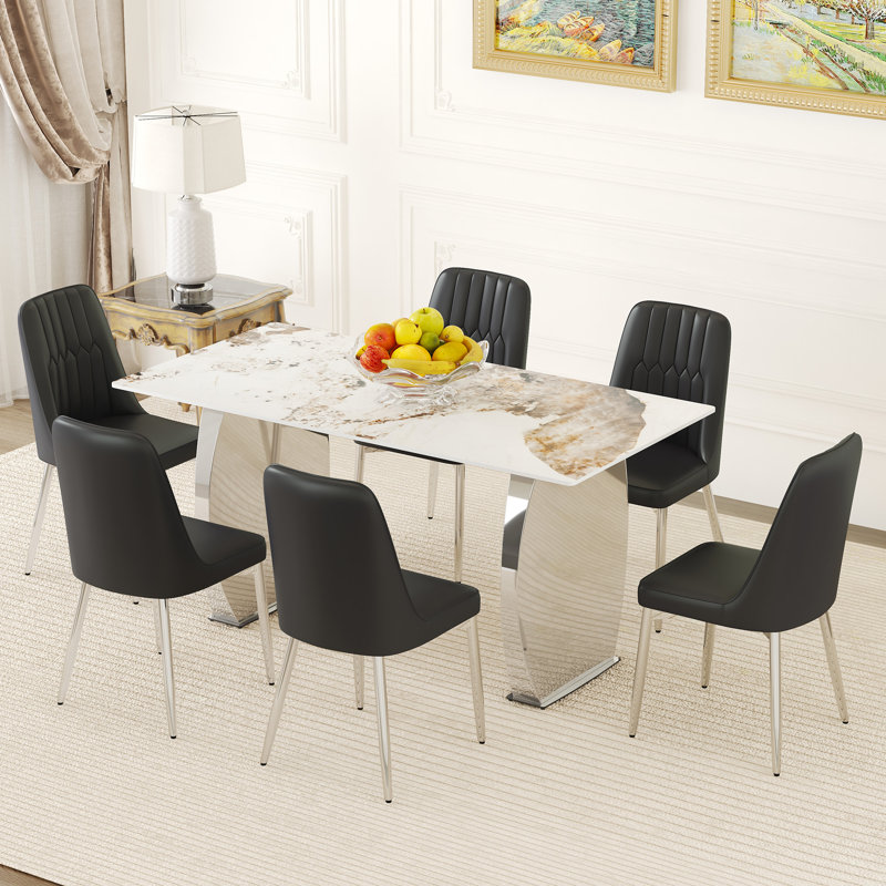 Ensemble de table et de chaises 63 pi x 31,4 po en pierre frittée à motif Pandora - 6 chaises noires avec pieds en métal argenté. Luxe moderne clair. Pour salle à manger, salle de réunion, cuisine, etc.