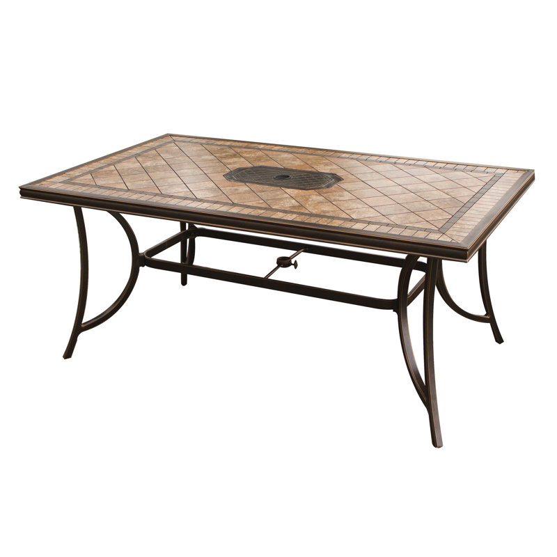 Monaco Bronze 6-Person Outdoor Dining Set with Red Cushions and Porcelain Tile Table