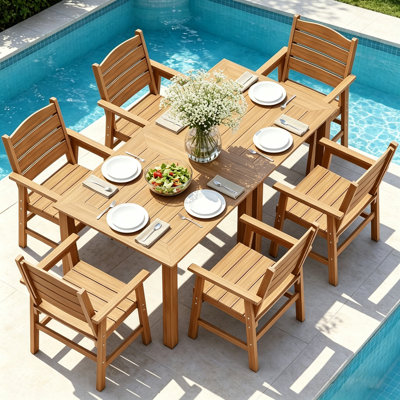 Ensemble de salle à manger d'extérieur pour 6 personnes toutes saisons 8 pièces Ensemble de table d'extérieur et chaises d'extérieur avec cadre en aluminium pour l'extérieur, jardin, terrasse, bord de piscine, teck