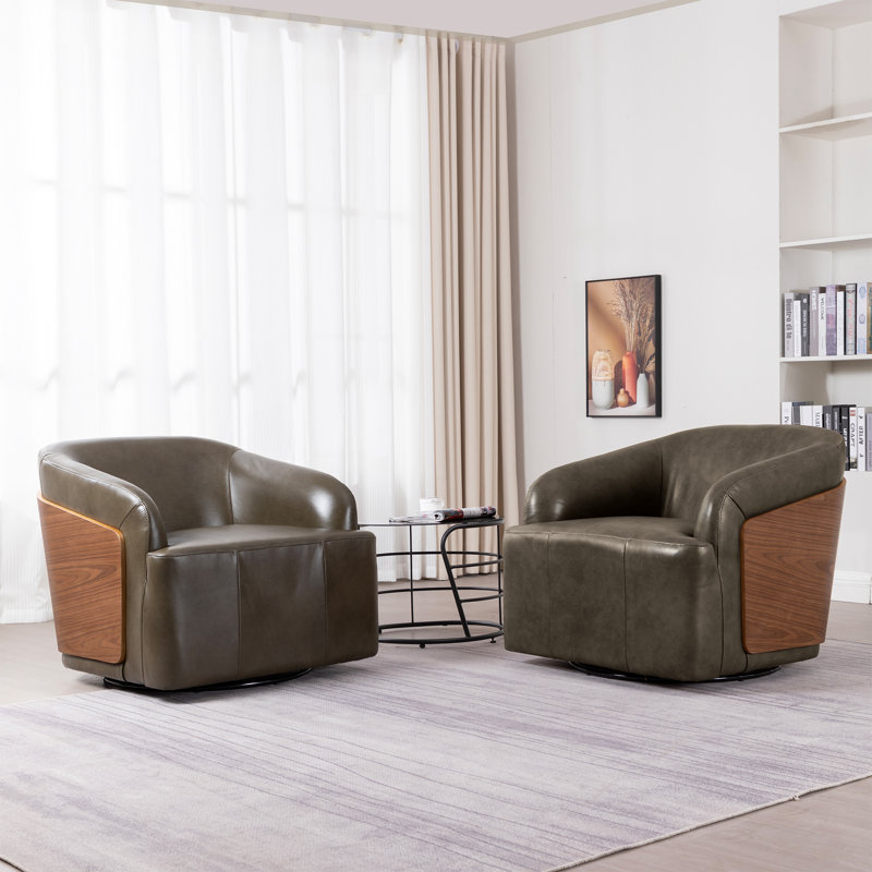 Genuine Leather Swivel Barrel Chair(Set Of 2), Olive Green