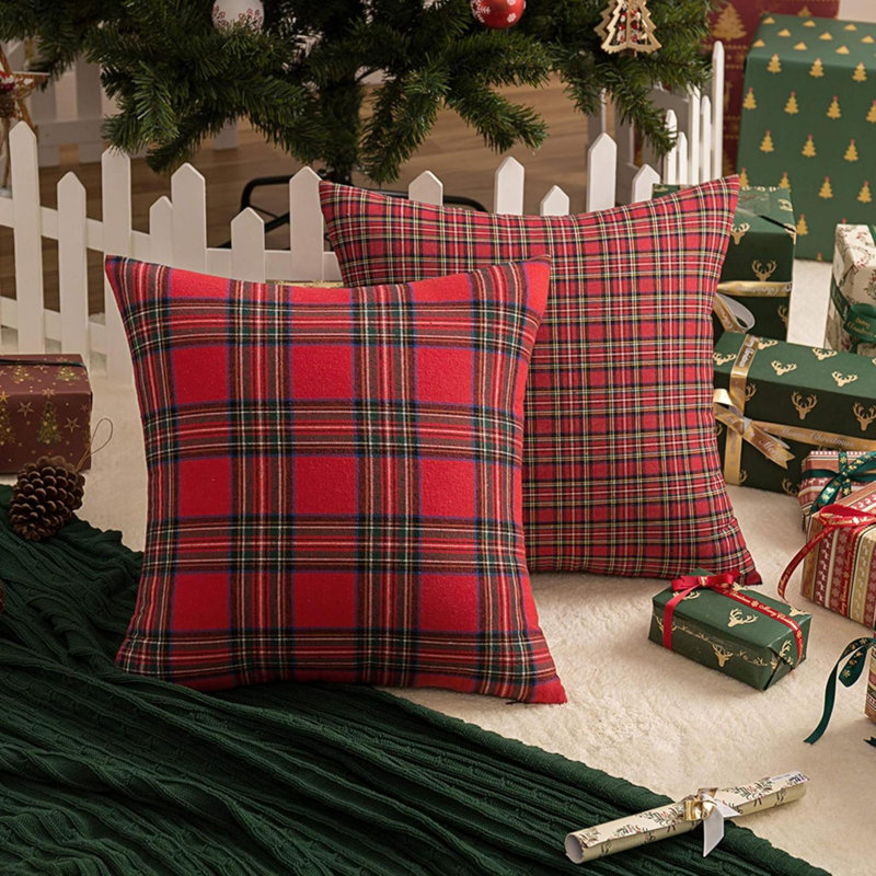 Paquet de 2 housses de coussin décoratives à carreaux écossais en tartan pour Noël, H 18 po x l 18 po, Carrée
