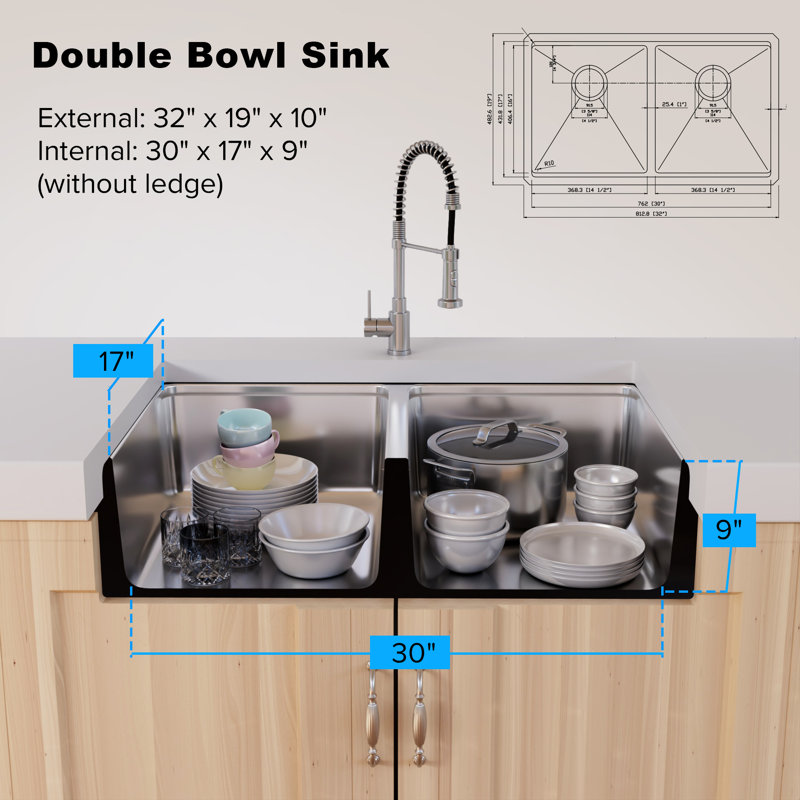 Évier de cuisine 32 po à double cuve en acier inoxydable, Stainless Steel