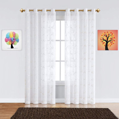 Floral Sheer Grommet Curtain Panels with Stitched Leaf Embroidery