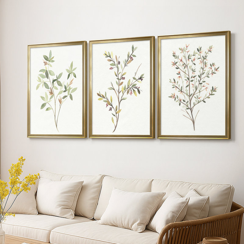 Simple brin I - toile tendue avec châssis sur mesure - 3 pièces, H 27 po x l 39 po, Doré