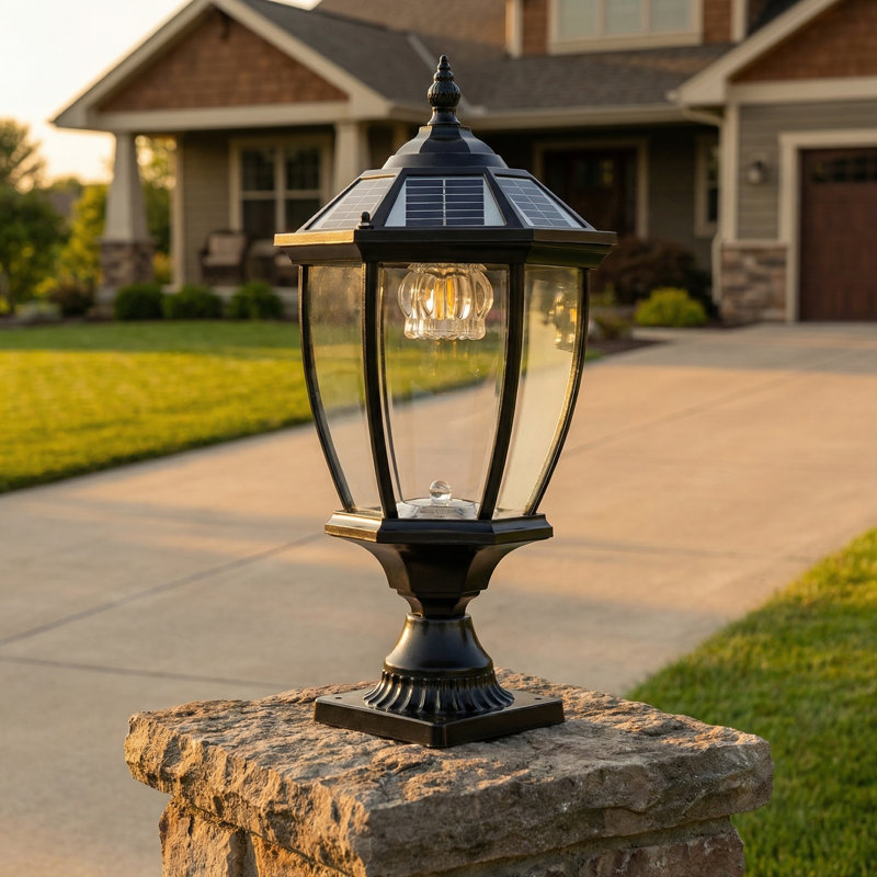 Solar Outdoor Post Light with Dusk-to-Dawn LED, Vintage Lantern Design, Weatherproof Aluminum Black, Matte Black