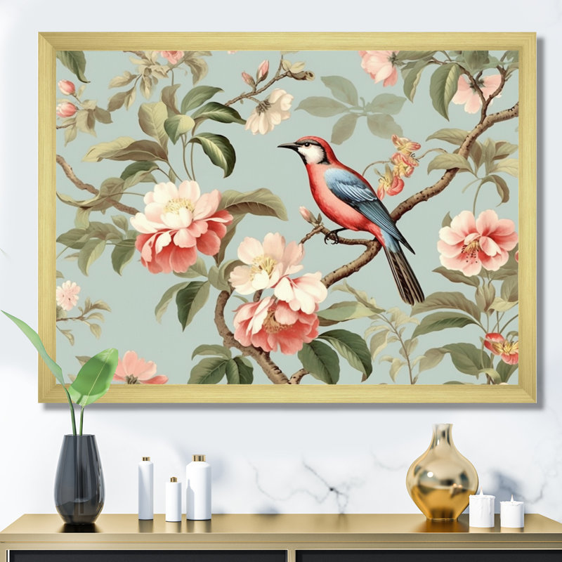 Oiseau brun sur des arbres floraux, H 20 po x l 12 po x P 1 po, Cadre doré à une seule photo