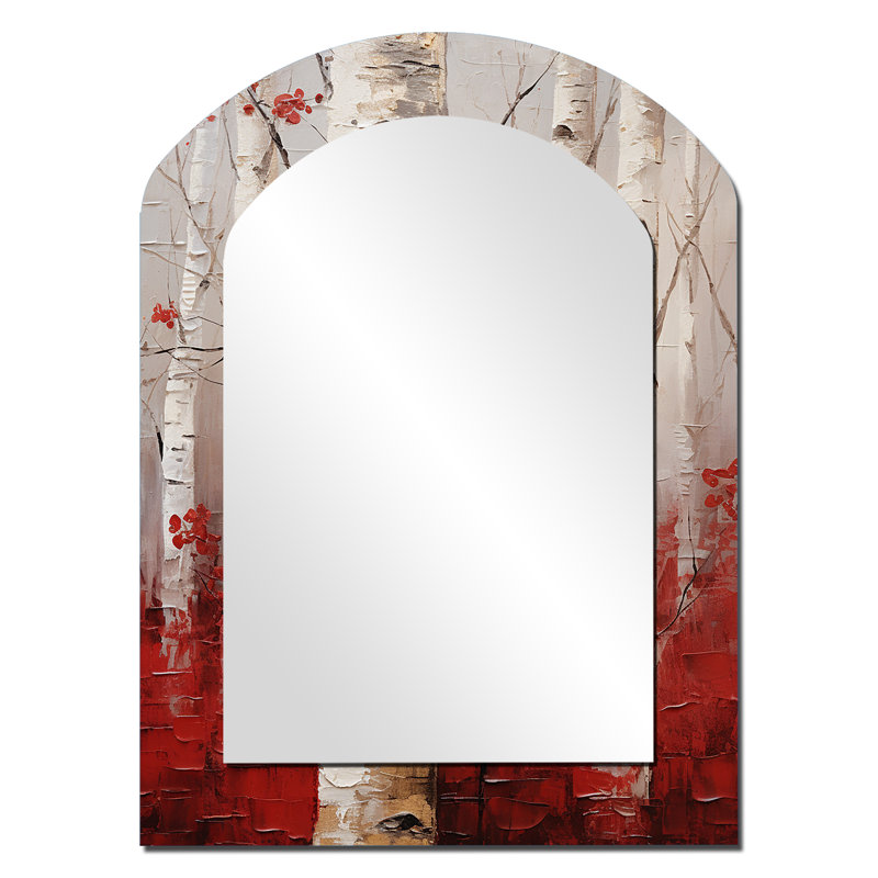 White And Red Birch Wood In Winter V - Birch Arch Decorative Mirror, Traditional Asymmetrical Large Wall Mirror, Printed Metal Art