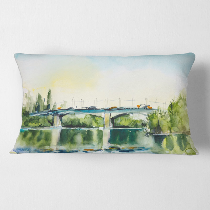 Rectangle, paysage avec vieux pont dans la campagne - Coussin décoratif à imprimé traditionnel