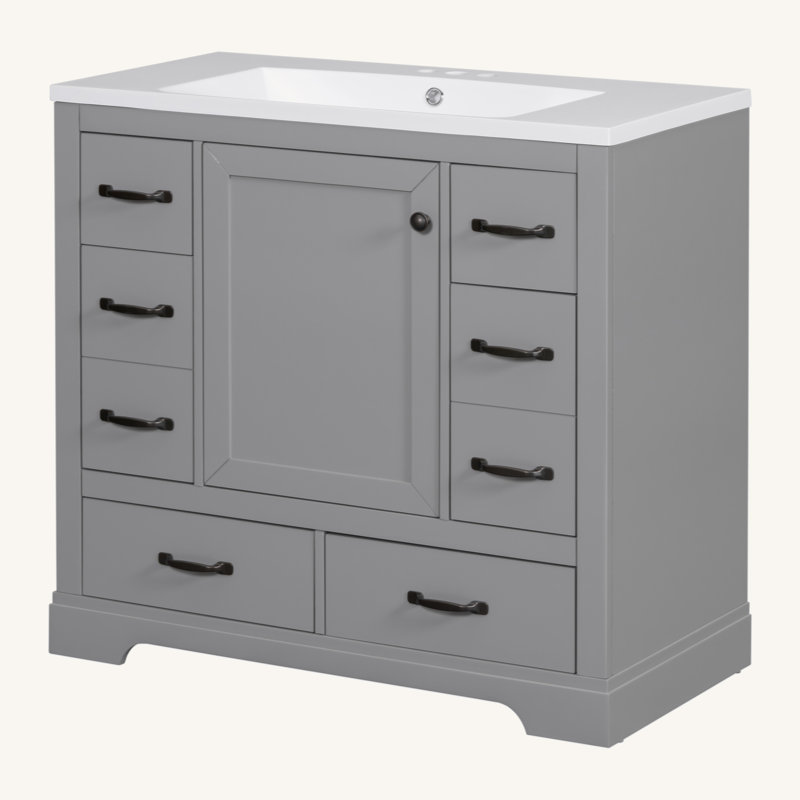 Ensemble de meuble-lavabo 36 po avec évier, six tiroirs, diviseur de tiroir multifonctionnel, tablette réglable, Gris