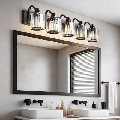 Luminaire de meuble-lavabo moderne en cristal noir avec 5 lumières et abat-jour rond en cristal K9 pour salle de bain, base E26 (ampoules non incluses)