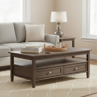 Table basse transitionnelle en bois massif Warm Shaker de 48 po de largeur avec tiroirs de rangement et tablette ouverte