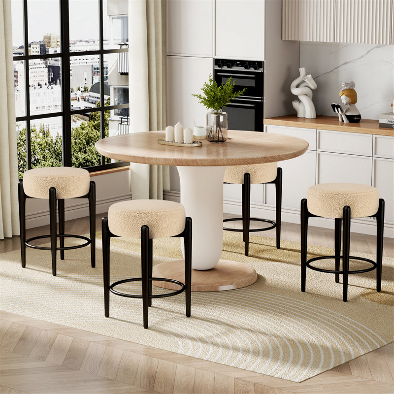 Ensemble de 4 tabourets de cuisine sans dossier avec base en métal robuste, Beige