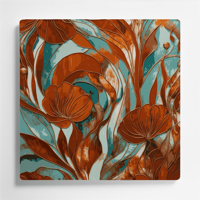 Abstrait floral 18, art mural en métal brun, H 16 po x l 16 po