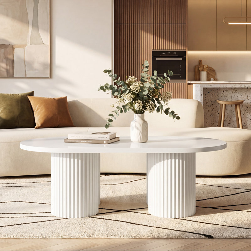 Table basse ovale de 47 po, table de centre moderne au design cannelé, table à thé avec pieds cannelés robustes pour le salon, la chambre à coucher et le bureau