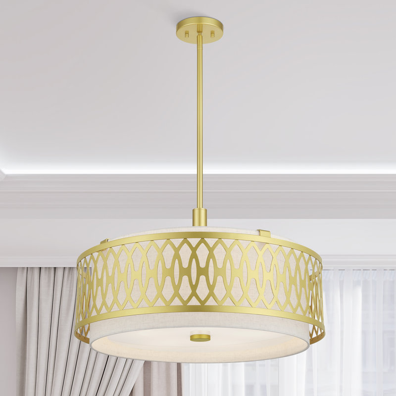 Lustre suspendu 4 lumières en bronze anglais avec abat-jour rigide en tissu couleur avoine fabriqué à la main, Or doux, 5