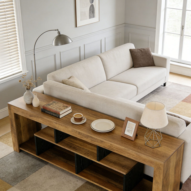 63-Inch Low Sofa Console Table with Storage Shelves