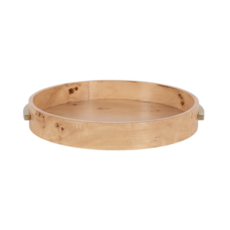 Round Burlwood Tray with Metal Handles