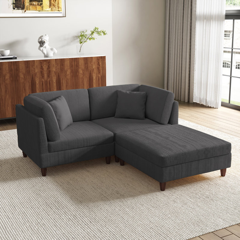 3-Piece Corduroy Modular Sectional with Ottoman, Gray Corduroy