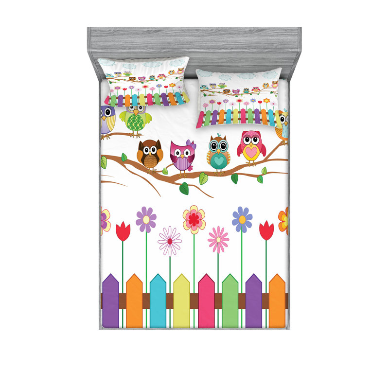 Ambesonne Owls Fitted Sheet & Pillow Sham Multicolor, Full Sheet Set + 5 Additional Pieces