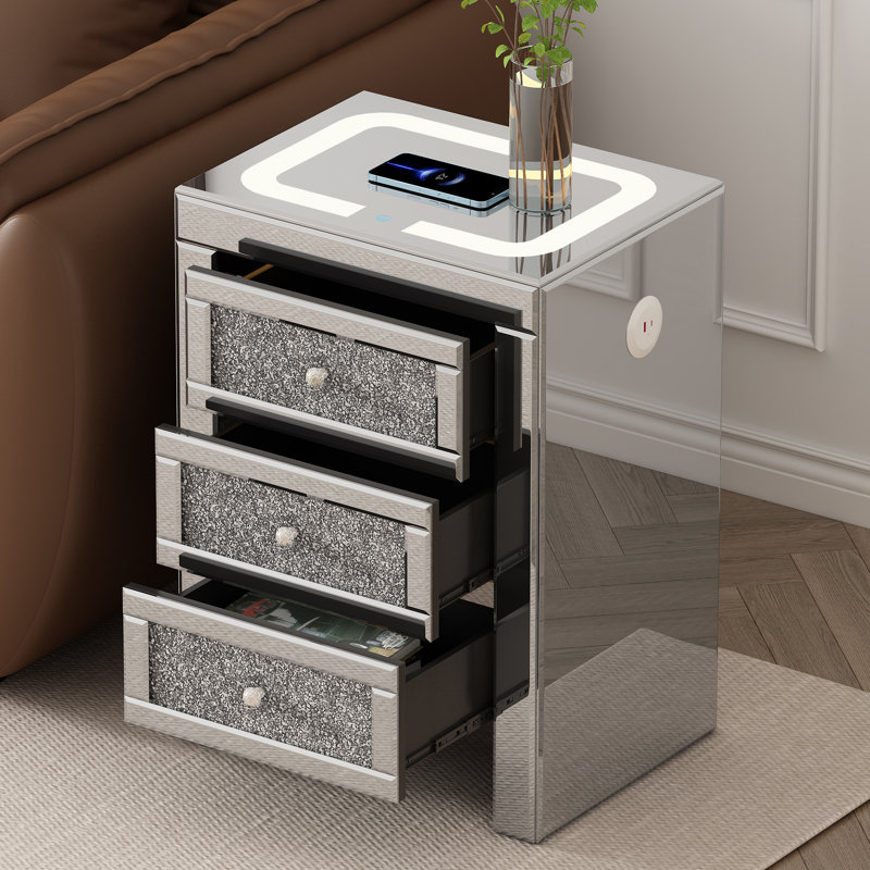 15.7''W Silver Rectangle Mirrored End Table With Wireless&USB Charging And LED Lights