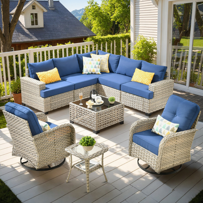 Ensemble de conversation modulaire en rotin avec coussins Wahkon pour 7 personnes avec table basse éclairée et chaises pivotantes