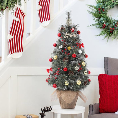 3ft Pre-Lit Small Christmas Tree, Mini Christmas Tree with 78 Led Lights Cloth Bag Base & Pine Cones & Red Berries,Xmas Decorations for Fireplace,Tabletop, Home Decor Indoor