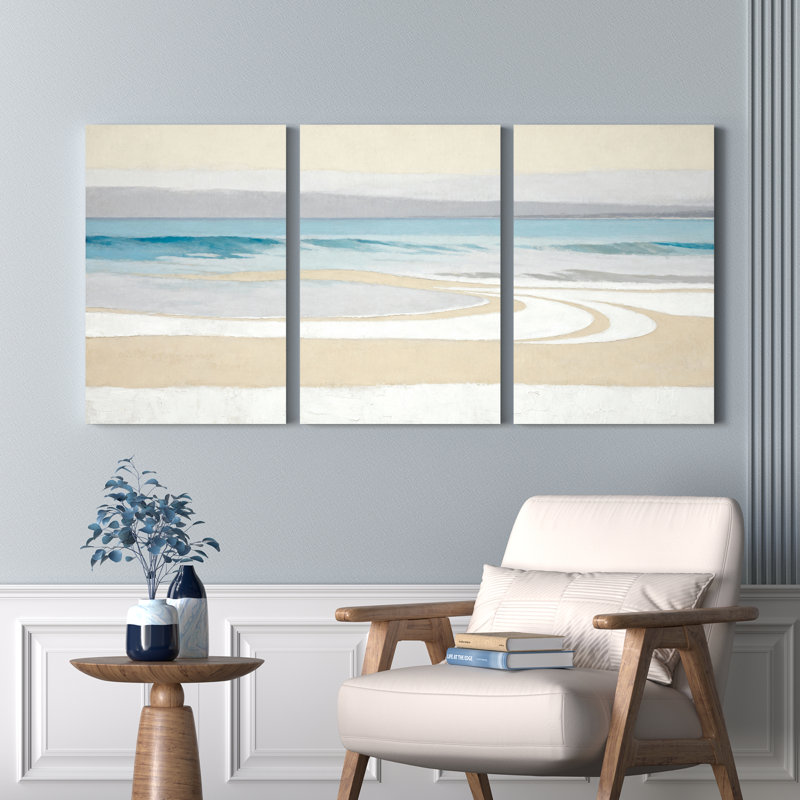 Ensemble de 3 tableaux abstraits sur toile représentant une scène de plage et des vagues océaniques., H 36 po x l 72 po
