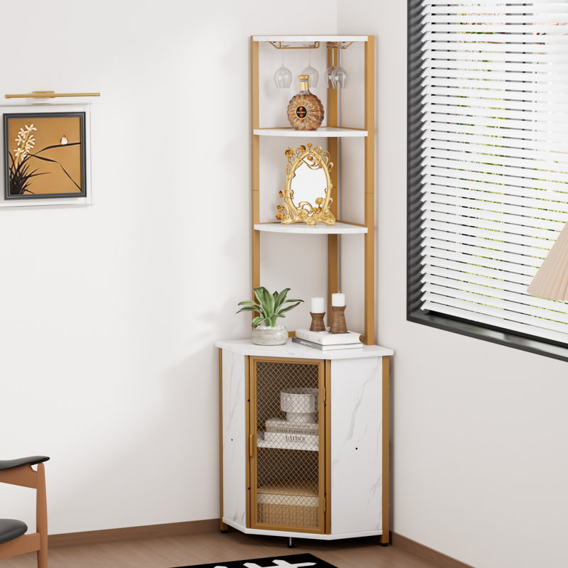 Pittard 22.2'' Wine Bar Triangle 5 Tier Bar Cabinet with Wine Glass Rack and Storage Cabinet, White/Gold