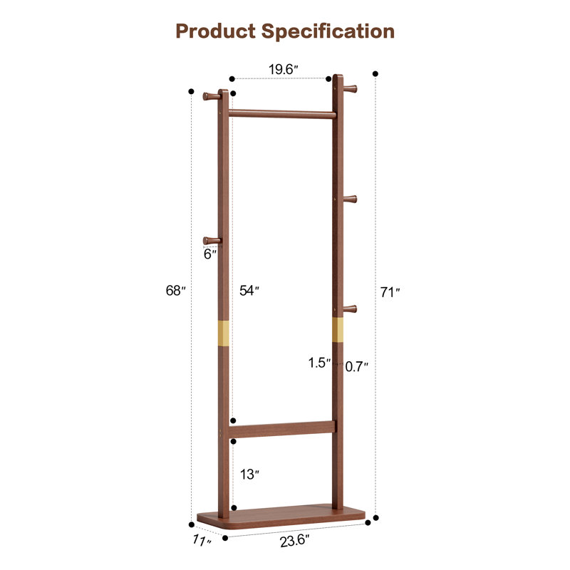 Freestanding Wooden Coat Rack with Shoe Shelf and Side Hooks, Walnut, Walnut