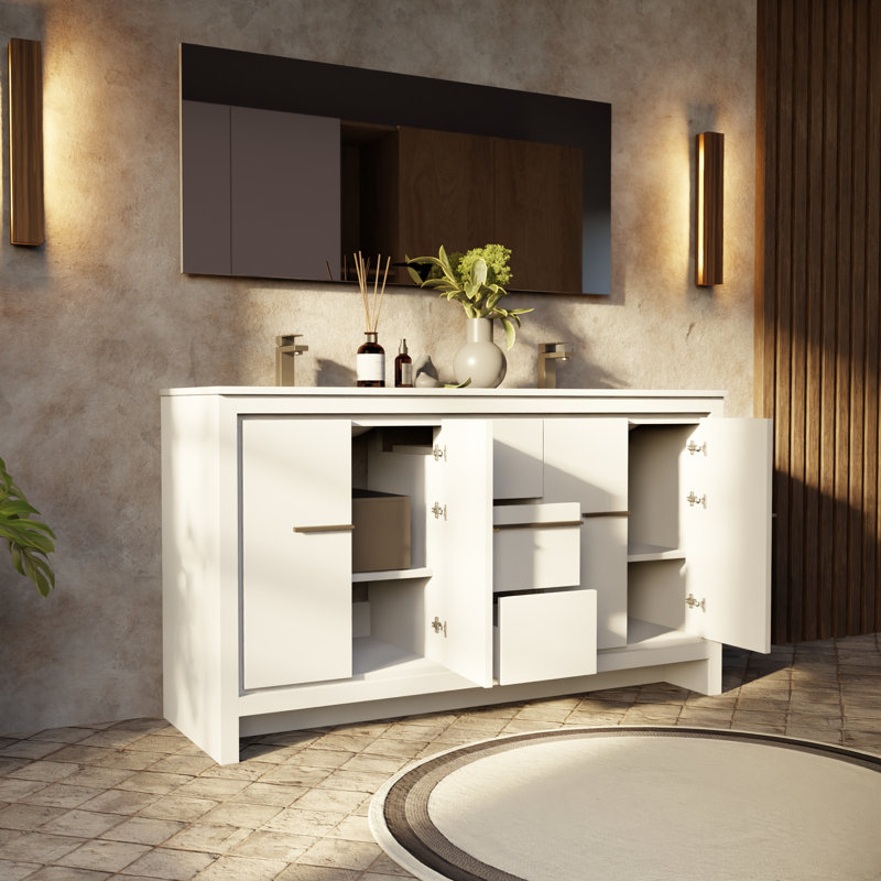 Lafarre 60 in W x 20 in D Double Bath Vanity Mirror and Gun Metal Faucet Set, White, White Quartz