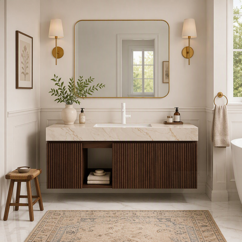 Meuble-lavabo avec lavabo suspendu, comptoir en pierre frittée veinée et lavabo en céramique., 1, 48", Beige et or