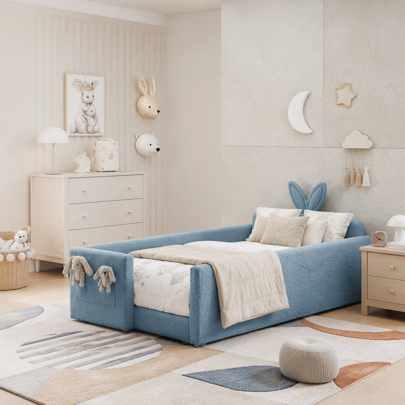 Lit plateforme simple avec tête de lit pour oreilles de lapin, barrière de sécurité et poche de rangement, Sky Blue