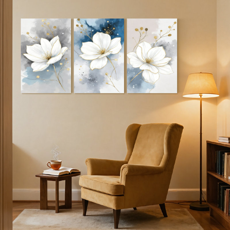 Plantes et fleurs, fleurs blanches avec accents dorés sur fond abstrait, ensemble de 3 impressions d'art sur toile
