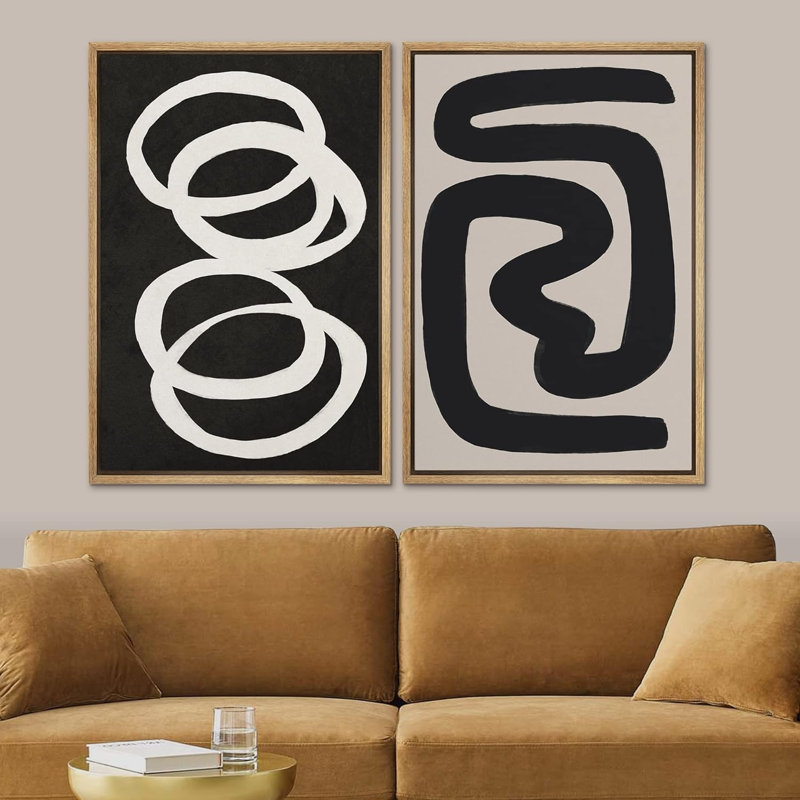 Motif bicolore géométrique noir et gris de formes abstraites, art moderne, décoration bohémienne, 2 pièces, H 24 po x l 16 po