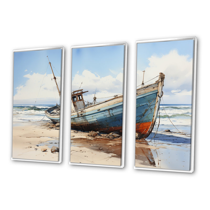 Bateau de pêche à la plage - ensemble de salon d'art mural bord de mer, Cadre flottant blanc, H 32 po x l 48 po x P 1 po