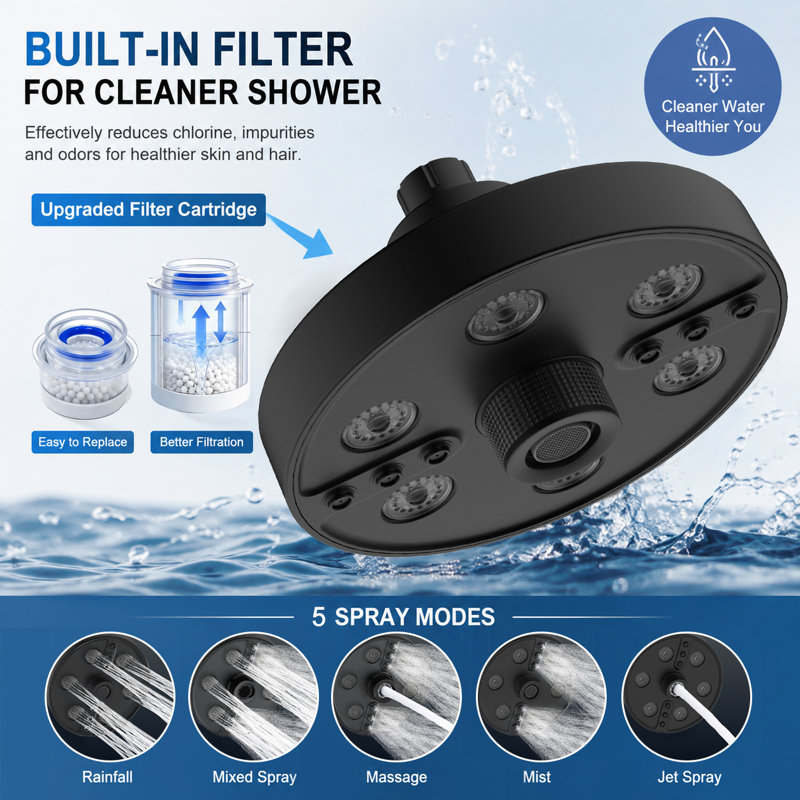 Système de douche à pluie haute pression 10 po, ensemble de robinet de douche mural avec pomme de douche à pluie, pomme de douche fixe et pomme de douche à main, 9 modes de jet