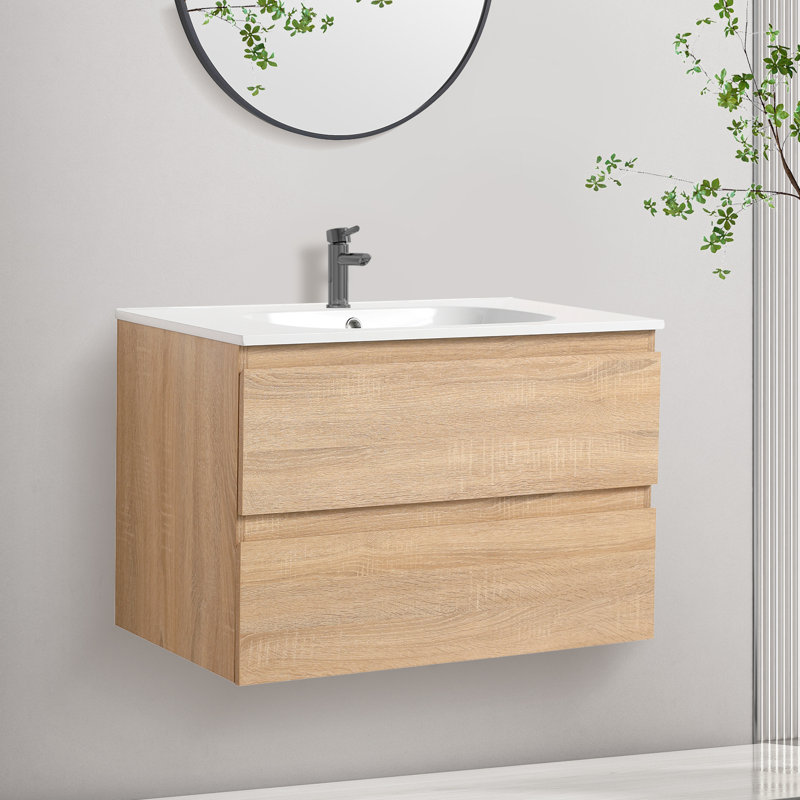 Ensemble de meuble-lavabo mural simple 30 po avec plateau en céramique Jahleah, Chêne clair