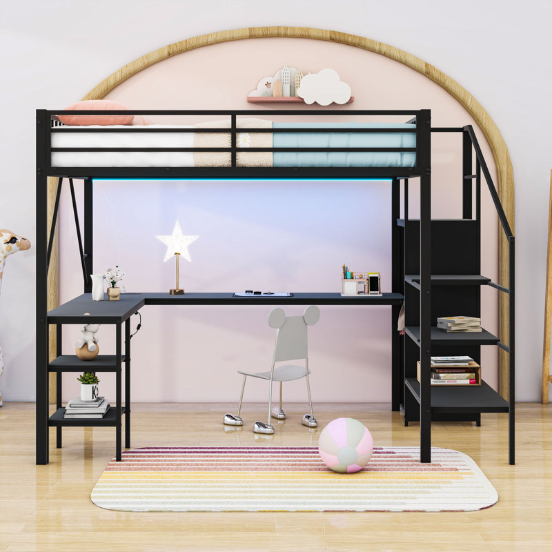 Metal Loft Bed With Open Wardrobe, LED Light, Desk, Charing Station And Storage Stair, Full, Black