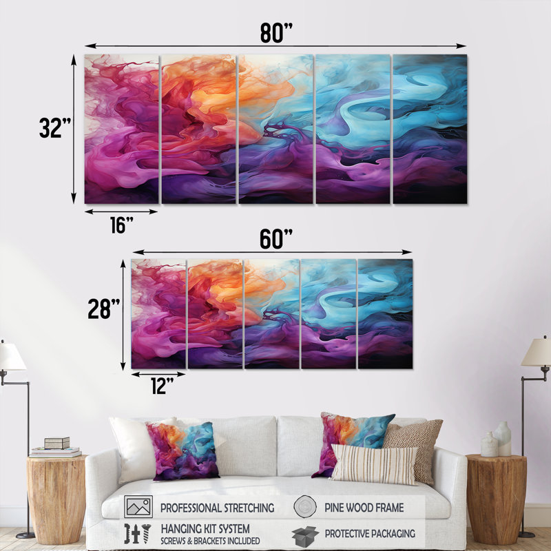 Encre liquide liquide, nuages magenta mauve doré - décoration murale en marbre 5 pièces, H 32 po x l 80 po