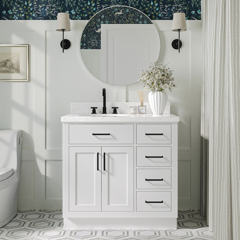 Meuble-lavabo simple en bois massif 36 po Tidworth avec plateau en quartz Carrara de 1,5 po, Gauche, Ovale, Blanc