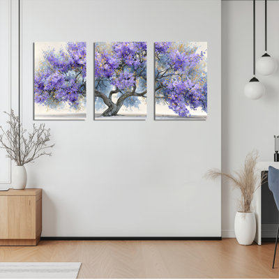 Purple Blossom Tree Canvas Wrapped Wall Art Oil Painting Print Set Of 3 For Living Room Decor