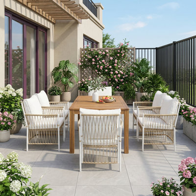 Ensemble de salle à manger en bois 67 po, table rectangulaire avec 6 fauteuils en rotin pour piscine, jardin et jardin